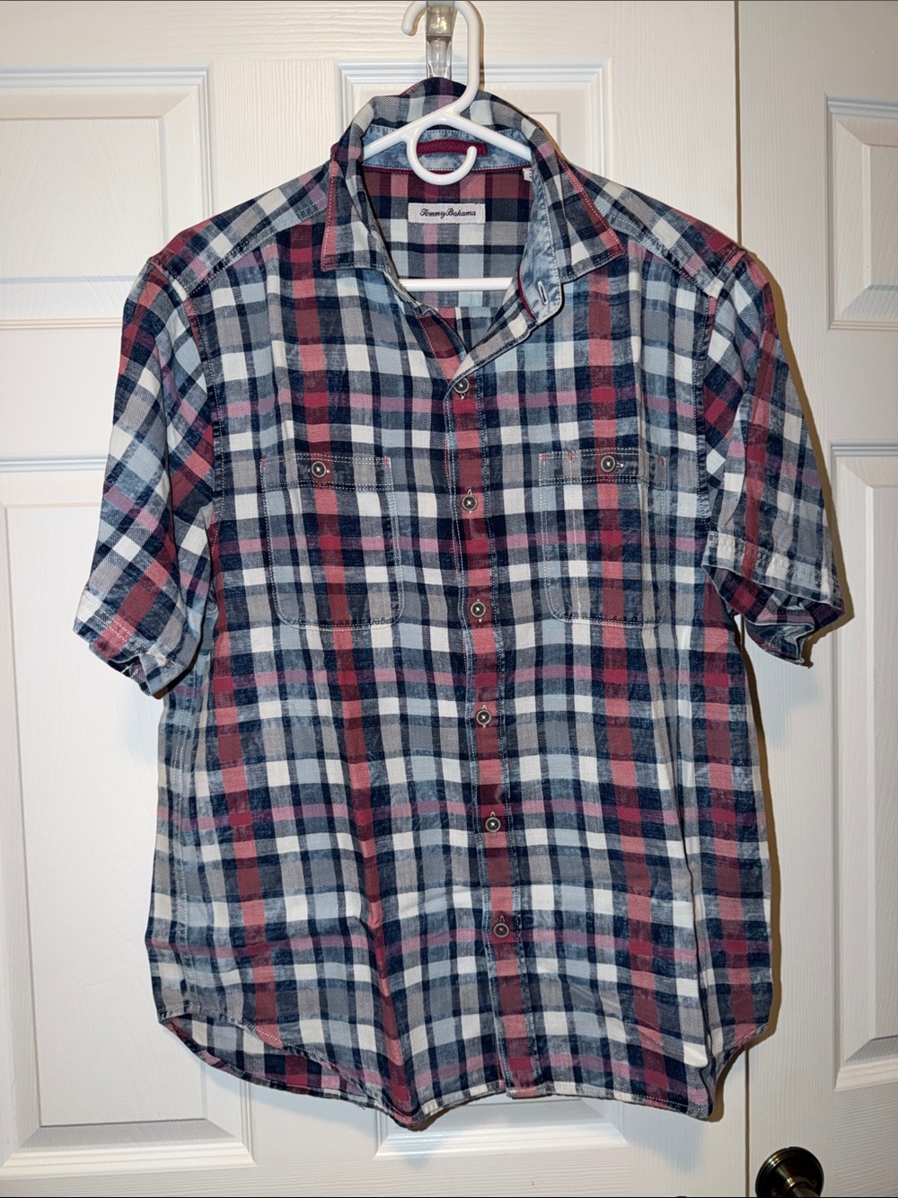 Tommy Bahama Short-Sleeve Plaid Button-Down Shirt in Navy, Red & White